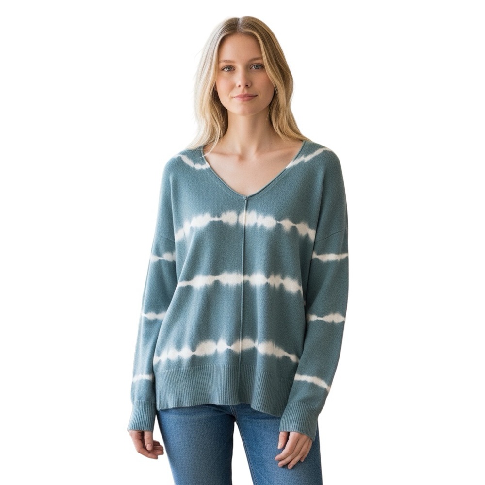 ALISON ANDREWS | NEW Aquamarine & White Tie Dye Cotton V-Neck Sweater size XL